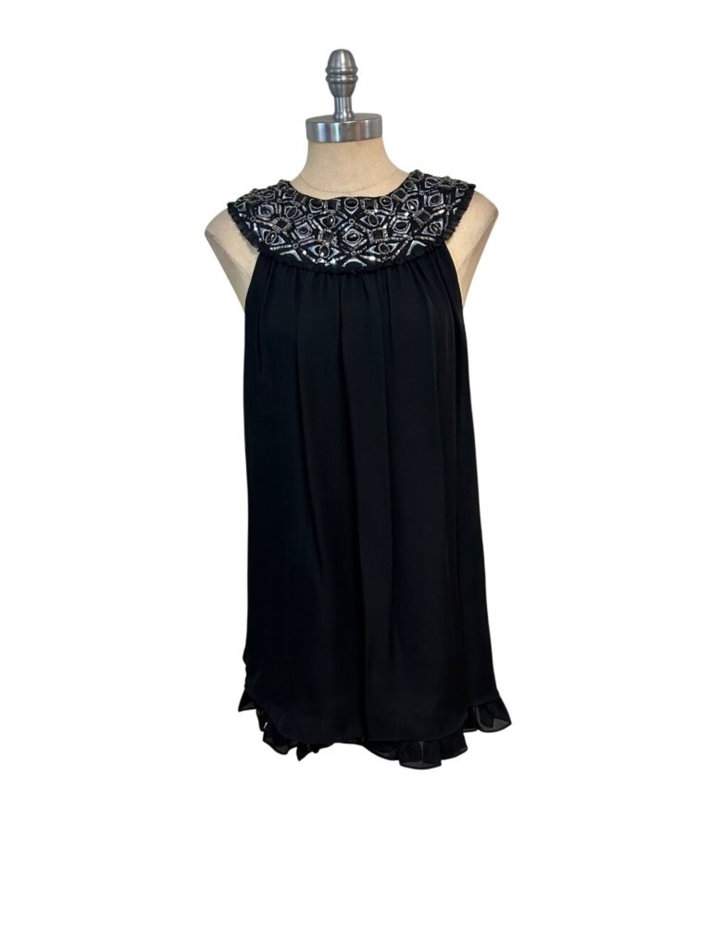 Alice + Olivia Black Embellished Silk Sleeveless Dress With Beads Small